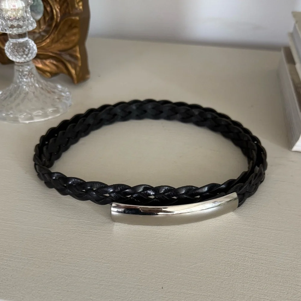 Chico’s Braided Black Leather Belt with Silver Tone Buckle